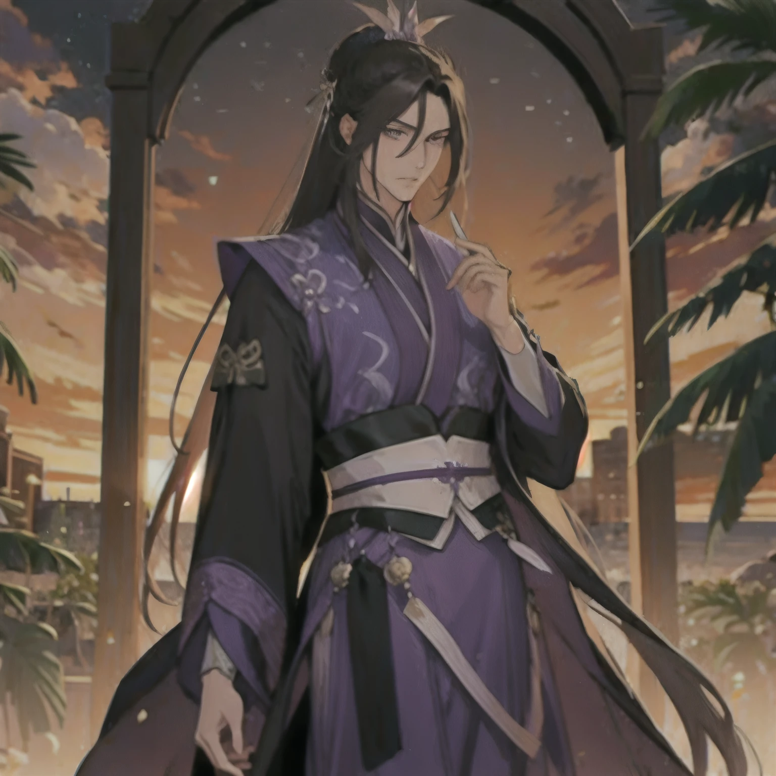 (masterpiece, best quality:1.2), 1male, solo, jiang cheng, mo dao zu shi, mdzs, purple and black clothes, purple eyes, long black hair, perfect anatomy