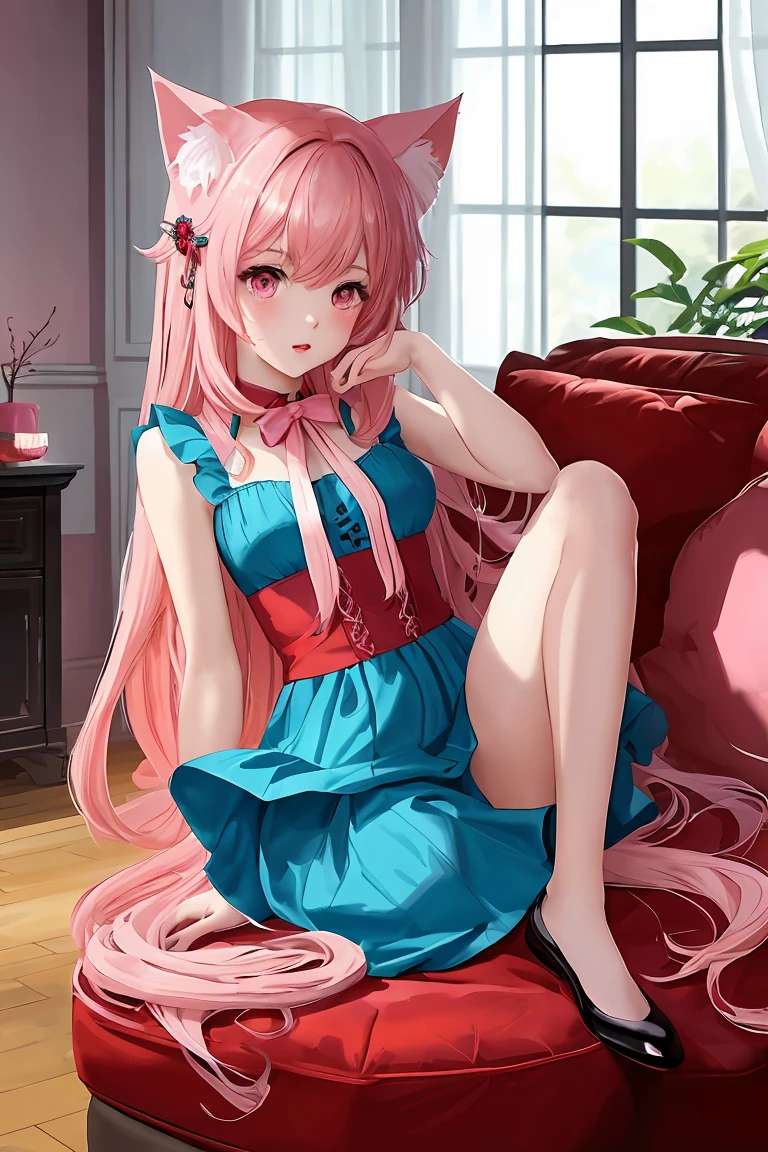 score_9,score_8_up,score_7_up,masterpiece, top quality, best quality, official art, beautiful and aesthetic, animation, , 1girl with cat ear, perfect figure, pink hair, complicated details, living room, long pink hair, small fish hairpin ,
