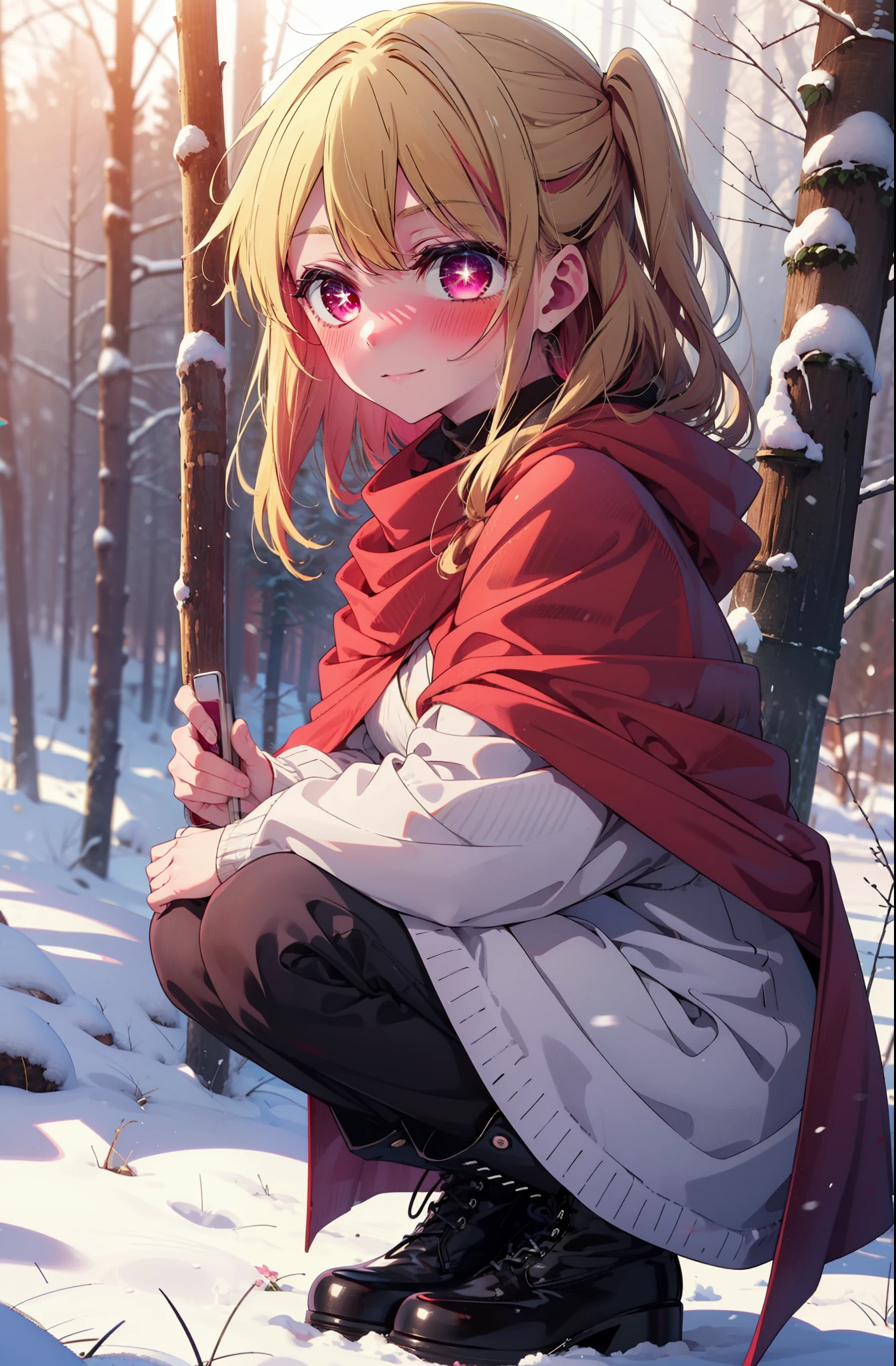 rubyhoshino, Hoshino Ruby, Long Hair, bangs, Blonde, (Pink Eyes:1.3), Side Lock, (Symbol-shaped pupil:1.5), Multicolored Hair, Two-tone hair, smile,,smile,blush,White Breath,
Open your mouth,snow,Ground bonfire, Outdoor, boots, snowing, From the side, wood, suitcase, Cape, Blurred, , forest, White handbag, nature, Squat, Mouth closed, Cape, winter, Written boundary depth, Black shoes, red Cape break looking at viewer, Upper Body, whole body, break Outdoor, forest, nature, break (masterpiece:1.2), Highest quality, High resolution, unity 8k wallpaper, (shape:0.8), (Beautiful and beautiful eyes:1.6), Highly detailed face, Perfect lighting, Highly detailed CG, (Perfect hands, Perfect Anatomy),