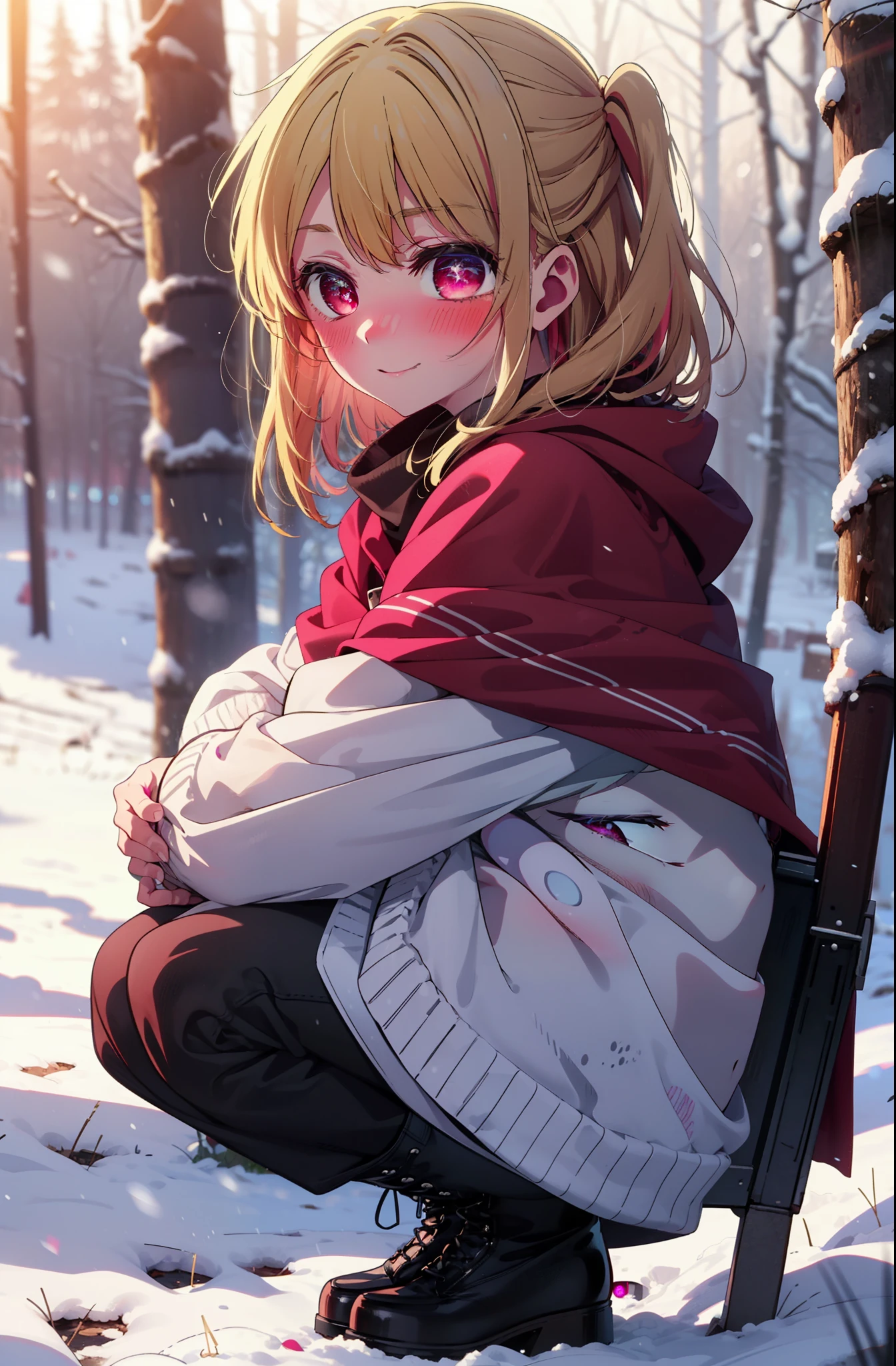 rubyhoshino, Hoshino Ruby, Long Hair, bangs, Blonde, (Pink Eyes:1.3), Side Lock, (Symbol-shaped pupil:1.5), Multicolored Hair, Two-tone hair, smile,,smile,blush,White Breath,
Open your mouth,snow,Ground bonfire, Outdoor, boots, snowing, From the side, wood, suitcase, Cape, Blurred, , forest, White handbag, nature,  Squat, Mouth closed, Cape, winter, Written boundary depth, Black shoes, red Cape break looking at viewer, Upper Body, whole body, break Outdoor, forest, nature, break (masterpiece:1.2), Highest quality, High resolution, unity 8k wallpaper, (shape:0.8), (Beautiful and beautiful eyes:1.6), Highly detailed face, Perfect lighting, Highly detailed CG, (Perfect hands, Perfect Anatomy),
