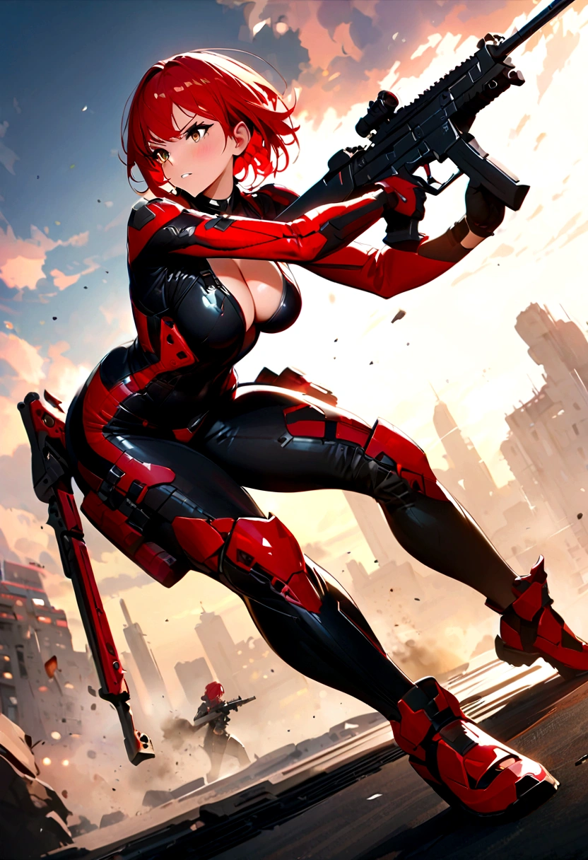 Combat Actions, Holding Weapons, Full Body,RED SHORT HAIR, Super Sexy ,ultra-detailed, ((High resolution)),((high detailed))