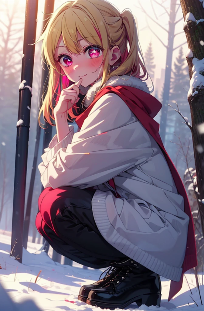 rubyhoshino, Hoshino Ruby, Long Hair, bangs, Blonde, (Pink Eyes:1.3), Side Lock, (Symbol-shaped pupil:1.5), Multicolored Hair, Two-tone hair, smile,,smile,blush,White Breath,
Open your mouth,snow,Ground bonfire, Outdoor, boots, snowing, From the side, wood, suitcase, Cape, Blurred, , forest, White handbag, nature, Squat, Mouth closed, Cape, winter, Written boundary depth, Black shoes, red Cape break looking at viewer, Upper Body, whole body, break Outdoor, forest, nature, break (masterpiece:1.2), Highest quality, High resolution, unity 8k wallpaper, (shape:0.8), (Beautiful and beautiful eyes:1.6), Highly detailed face, Perfect lighting, Highly detailed CG, (Perfect hands, Perfect Anatomy),