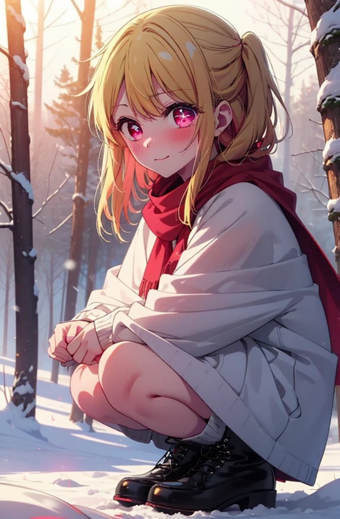 rubyhoshino, Hoshino Ruby, Long Hair, bangs, Blonde, (Pink Eyes:1.3), Side Lock, (Symbol-shaped pupil:1.5), Multicolored Hair, Two-tone hair, smile,,smile,blush,White Breath,
Open your mouth,snow,Ground bonfire, Outdoor, boots, snowing, From the side, wood, suitcase, Cape, Blurred, , forest, White handbag, nature, Squat, Mouth closed, Cape, winter, Written boundary depth, Black shoes, red Cape break looking at viewer, Upper Body, whole body, break Outdoor, forest, nature, break (masterpiece:1.2), Highest quality, High resolution, unity 8k wallpaper, (shape:0.8), (Beautiful and beautiful eyes:1.6), Highly detailed face, Perfect lighting, Highly detailed CG, (Perfect hands, Perfect Anatomy),