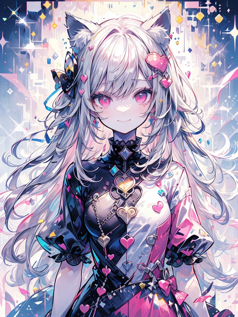 Highly detailed face,fine grain,Sparkling eyes,Highlighted eyes,Medium chest,pretty girl, smile,Longing eyes,Cat ear, Beautiful silver hair,Pink inside,Beautiful pink eyes
