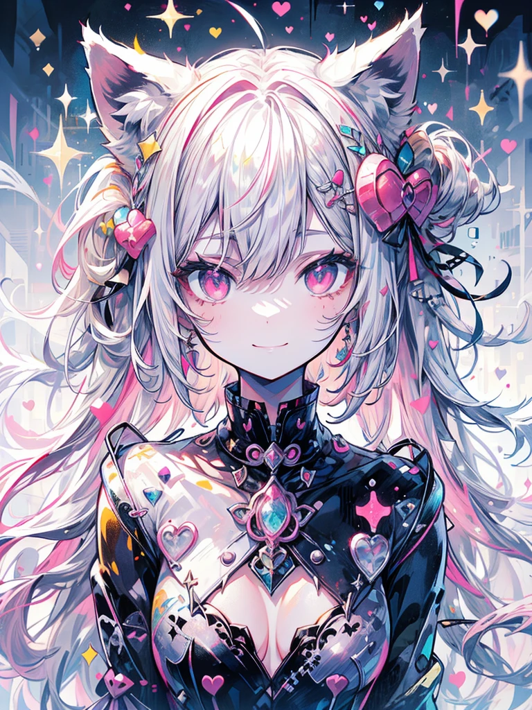Highly detailed face,fine grain,Sparkling eyes,Highlighted eyes,Medium chest,pretty girl, smile,Longing eyes,Cat ear, Beautiful silver hair,Pink inside,Beautiful pink eyes