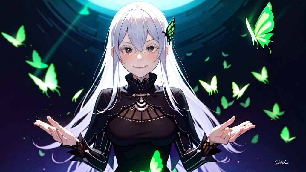 absurdres, highres, ultra detailed, echidna, brown eyes, medium breasts, butterfly hair ornament, (colored eyelashes:1.1), capelet, black dress, long sleeves, looking at viewer, evil smile, otherworldly hues, surreal landscapes, unseen light, ethereal glow, neon green glow, vibrant colors, ghostly effect, waving hands, 