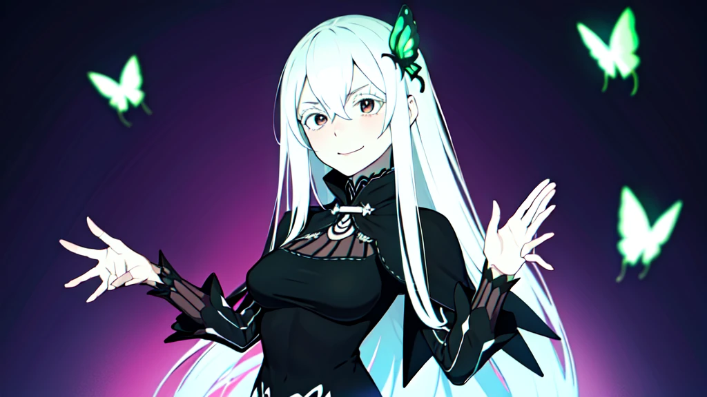 absurdres, highres, ultra detailed, echidna, brown eyes, medium breasts, butterfly hair ornament, (colored eyelashes:1.1), capelet, black dress, long sleeves, looking at viewer, evil smile, otherworldly hues, surreal landscapes, unseen light, ethereal glow, neon green glow, vibrant colors, ghostly effect, waving hands,