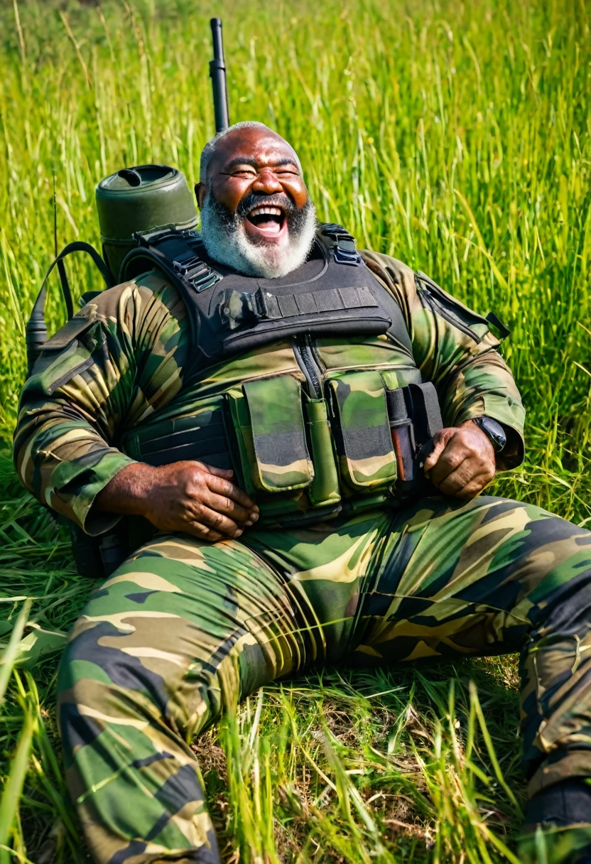 (a dark-skinned bearded fat muscular old man in a bulky army camouflage zipper diver suit) laying down in a field and carrying a rifle, muscular, Bruce Onobrakpeya, sumatraism, stanley artgermm, action, heroic, fierce, laughing
