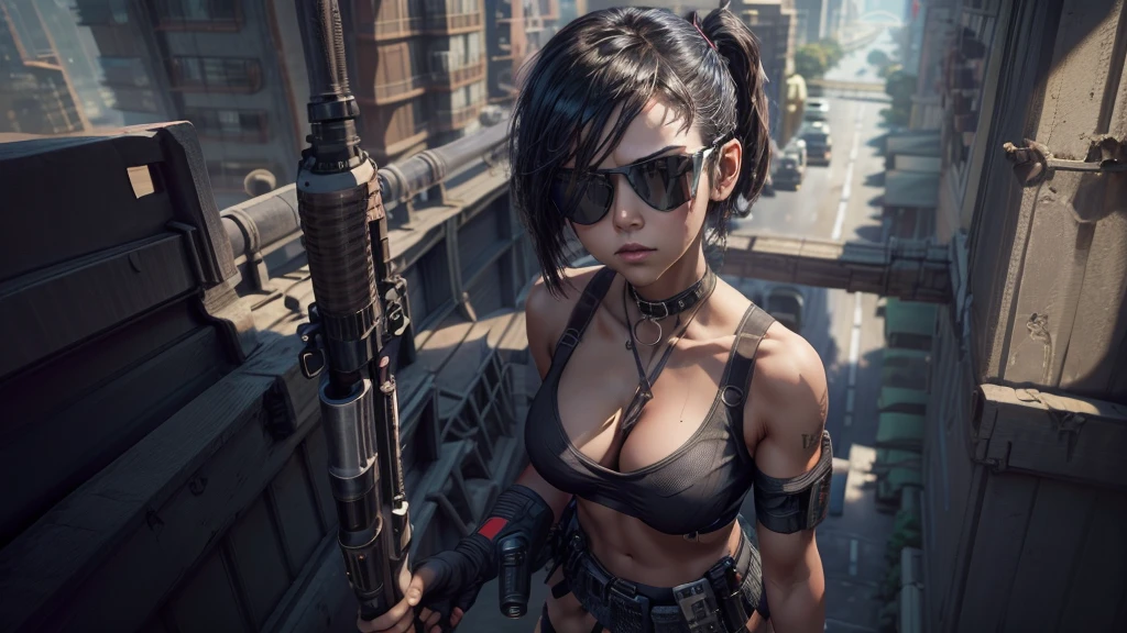 (masterpiece), (best quality), (very detailed), ((1 woman)), (cyberpunk), high angle view of futuristic city at night as background, Female assassin wearing a revealing suit, perfect face, perfect body, Place a small person on the left side of the picture, movie poster, landscape. (((1girl, solo))), photo realistic, (medium-breast slim body, cleavage), (((full bra top, extreamly short pleated (((miniskirt))) exposing panty))), (((((matrix style black sunglasses))))), (((((((aiming at viewer with a (short gun), (looking at camera)))))))), (((((half-body (thigh level) medium shot))))), (cinematic lighting).