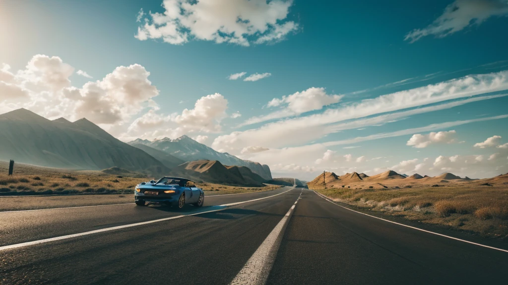 Generate an illustration of a sports car driving on a highway. The car should be either red or yellow with the front facing forward, viewed from the right side with a slightly top-down angle showing a bit of the car roof. The weather is clear with blue sky and white clouds. The style should be natural, minimalistic, sci-fi, bright, and with natural colors.