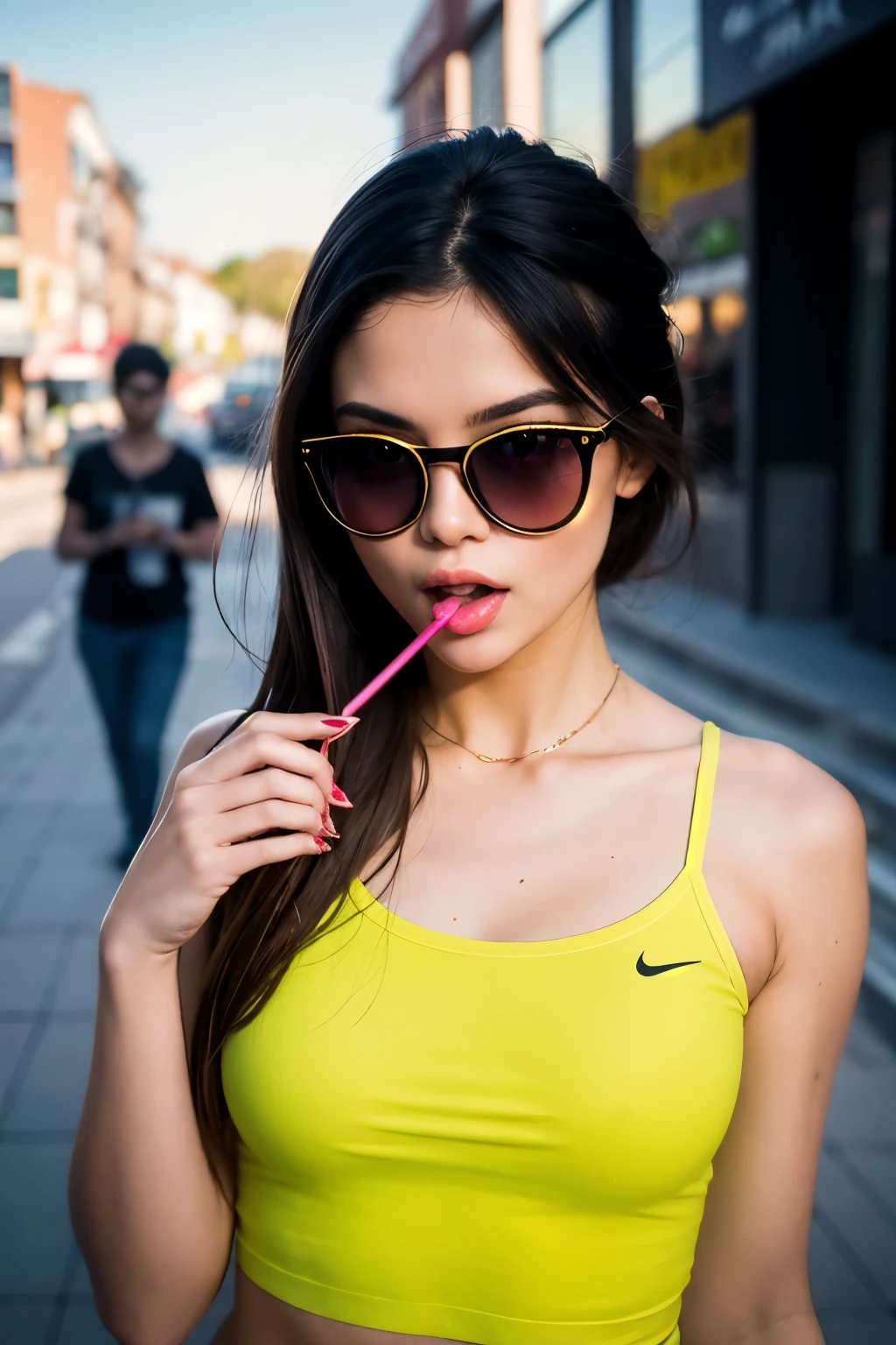 (masterpiece, best quality:1.2), 1girl, solo, high quality raw photograph of a young girl, licking a red lollipop,  tongue out, vibrant neon colors, cool sunglasses, silhouette, looking at viewer, lofi, UHD, accurate, textured skin, super detail, high details, high quality, highres, 1080P, 4K