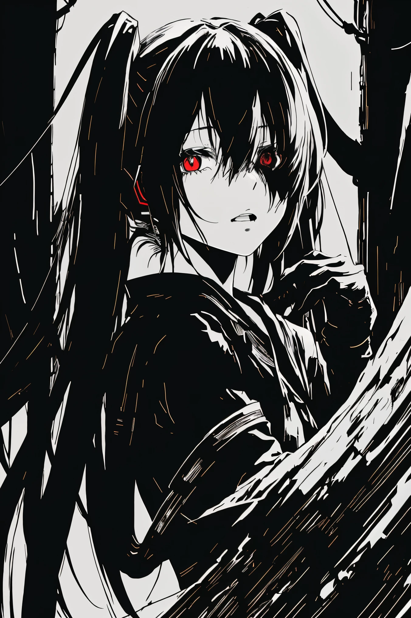 Hatsune Miku、Black Hair、Only the eyes are red、v5lcn style,Ink Art,(highest quality,Tabletop:1.2),(Black and white comic core:1.1),(extremely high contrast),Dark ink,One Girl,Shadow on face、8K,solve,high school girl,Sailor Suit,