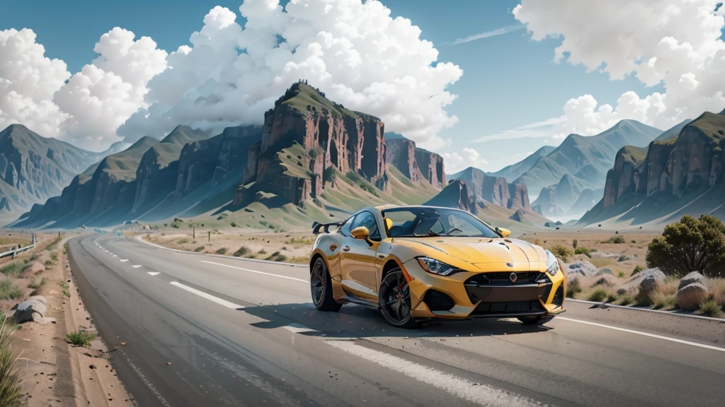 Generate an illustration of a sports car driving on a highway. The car should be either red or yellow with the front facing forward, viewed from the right side with a slightly top-down angle showing a bit of the car roof. The weather is clear with blue sky and white clouds. The style should be natural, minimalistic, sci-fi, bright, and with natural colors.