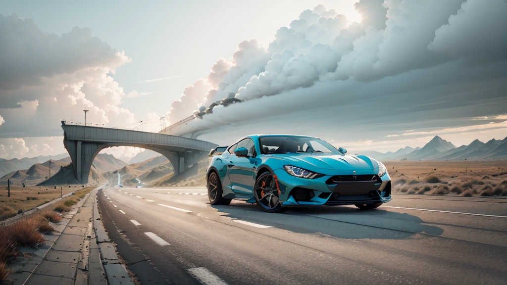 Generate an illustration of a sports car driving on a highway. The car should be either red or yellow with the front facing forward, viewed from the right side with a slightly top-down angle showing a bit of the car roof. The weather is clear with blue sky and white clouds. The style should be natural, minimalistic, sci-fi, bright, and with natural colors.