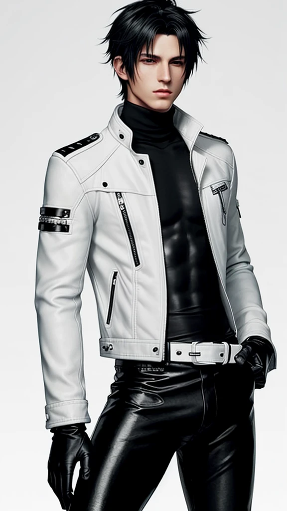 Final fantasy taste and reality graphics, Japanese young cute and cool ikemen boy, his age is early 20s, thin eyebrows and beady eyes, he wearing off white color leather thick singlebrest biker jacket, with epaulet, jacket front is zipped up, jacket is biker style, , jacket collar is high length stand-up collar with belts, jacket is a little black line pattern,close the front of the jacket, also wearing black thick turtleneck lackluster shirts, tight black leather pants, shiny black leather tight and thin glove, black leather knee-high raceup boots,must views head-to-toe,must views whole body, boy looks like fashion model,Do not show skin from the neck down,leather jacket leather glove and leather pants have few wrinkles,boy in the room,