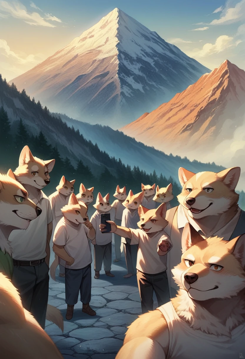 top quality, best quality, High-quality illustrations, masterpiece, super high resolution, detailed background, detailed background, Mountain railways in Switzerland, group shot, 6+boys, 6+girls, night sky, absurdres(highly detailed beautiful face and eyes)perfect anatomy(Photo of family trip)(kemono, furry anthro)selfie,