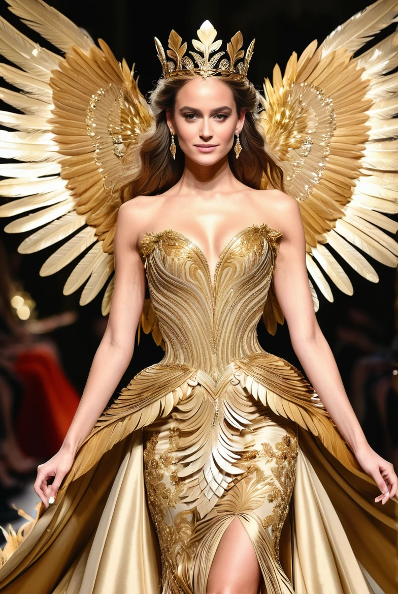 A woman adorned in a golden, intricately designed gown that cascades down to the ground. She is also wearing a crown-like headpiece. The most striking feature is her pair of large, golden wings that extend from her back, giving her an angelic appearance. The wings are detailed with feather-like patterns, and the gown has ornate patterns that seem to mimic the wings' design. The background is neutral, allowing the viewer to focus solely on the central figure.
