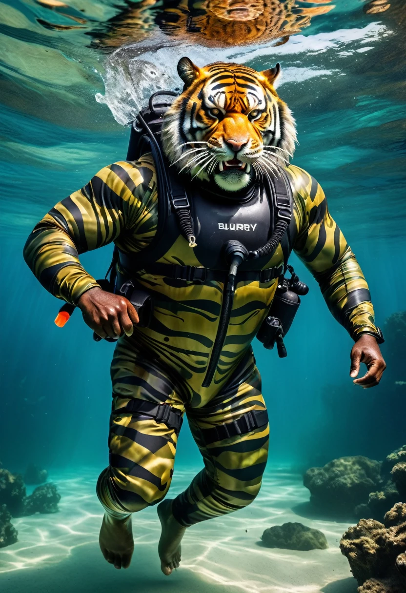(a dark-skinned fat muscular old man in a bulky army camouflage zipper diver suit) swimming and diving under the sea and carrying a rifle, (wearing realistic roaring siberian tiger mask), muscular, Bruce Onobrakpeya, sumatraism, stanley artgermm, action, heroic, fierce, snarling