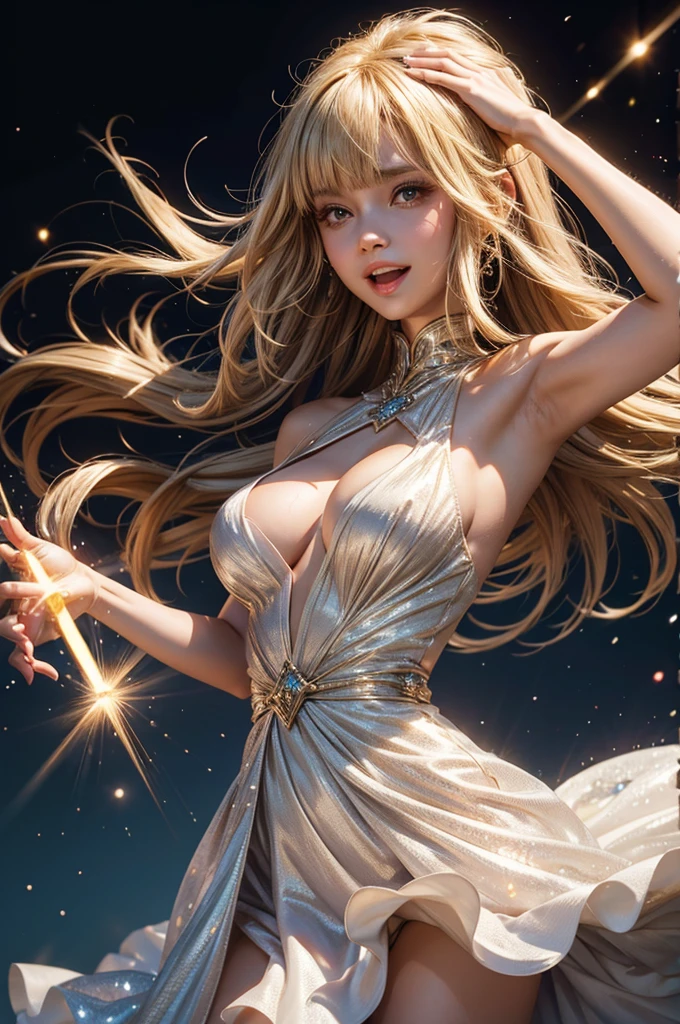 Perfect human body modeling, 1girl, pretty face, blunt bangs, Long hair, drill hair, twin drills, blonde hair, shiny hair, glow eyes, jitome, brown eyes, tsurime, white skin, huge breasts, Short body, ight particles, light sparkles, lens flare, Light particles, Magic light, strong light, gorgeous dress, Princess Dresses, loud laughter, put one's hand over one's mouth