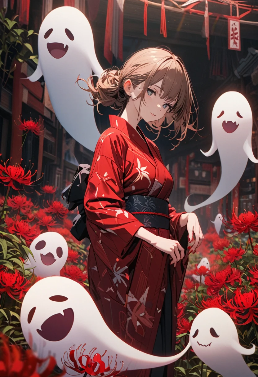 Very detailed, 8K, ghost，female，yukata，solo，Red spider lily