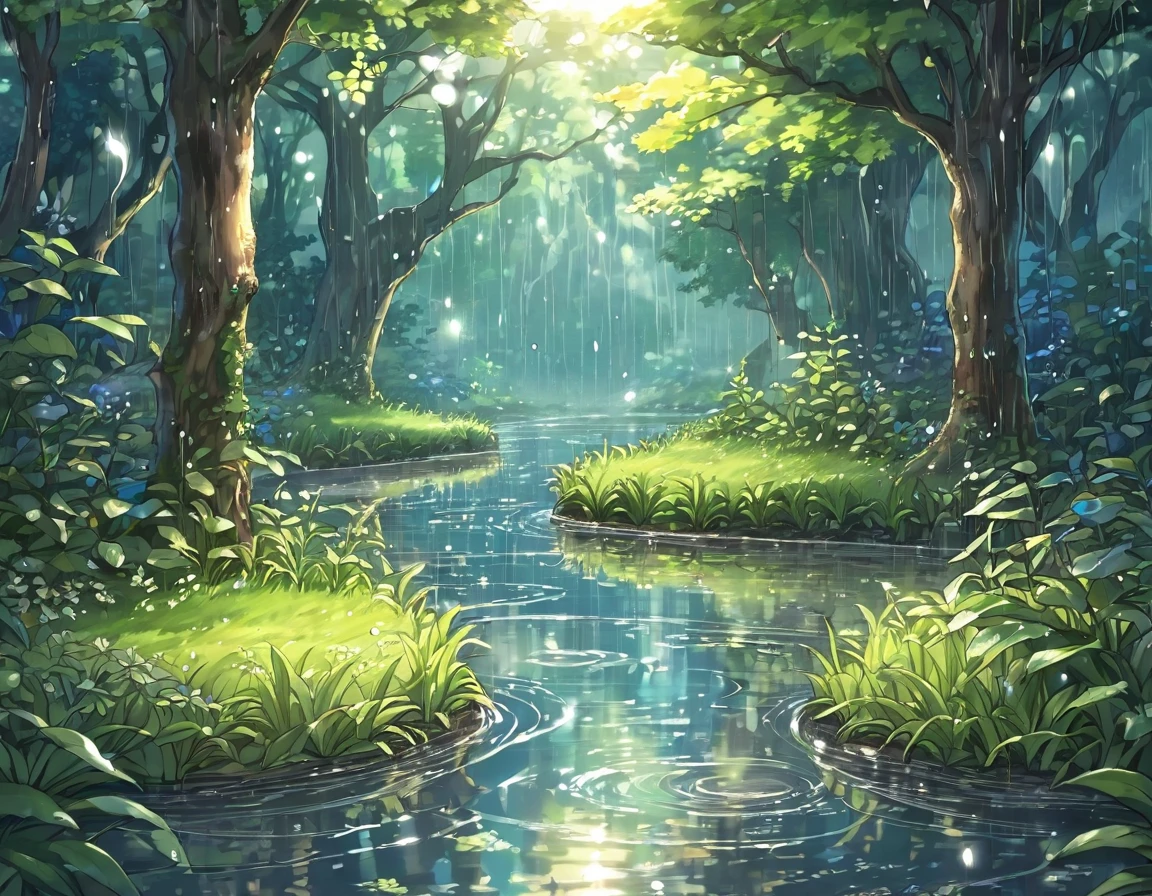 A fairy forest with light rain、Ripple in a puddle