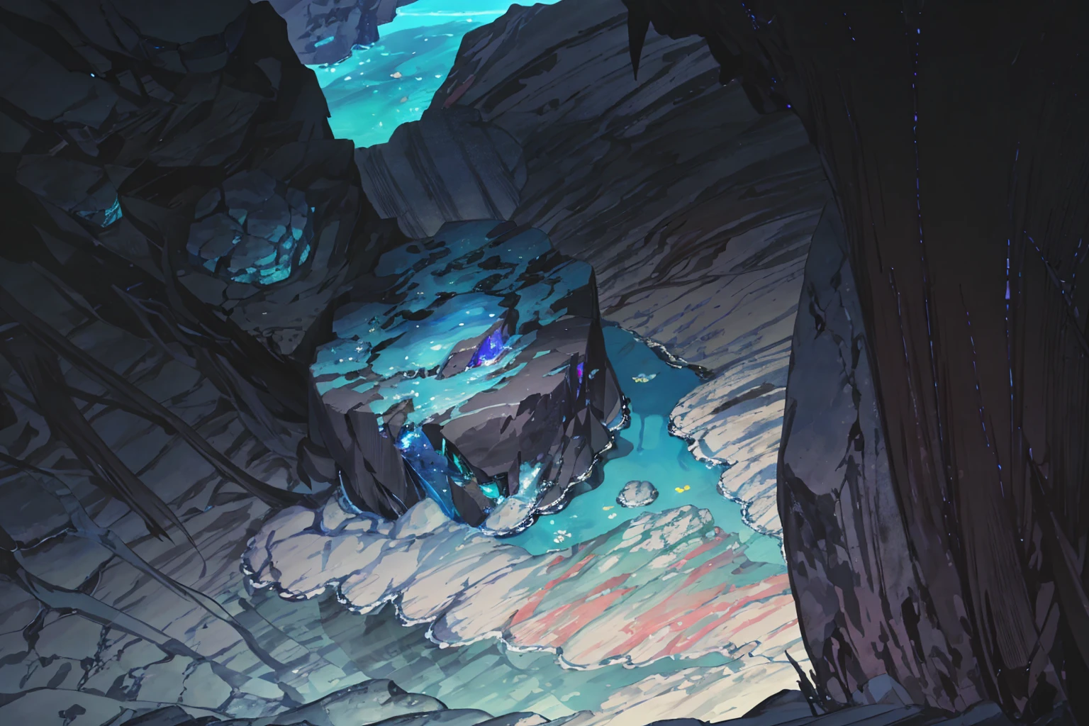 summer, blue lava rock area, blue lava rock formation, (illustration : 1.0), Narrative composition, realistic lighting, HD detail, masterpiece, best quality best, (Highly detailed CG integrated 8k wallpaper), wide and flat rocky area, A small, sharp, rough rock at the top of the screen., Blue liquid flowing through a crevice in the rock,