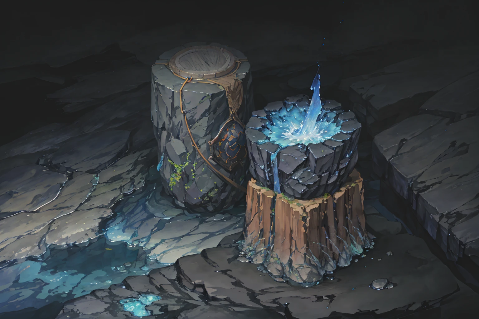 summer, blue lava rock area, blue lava rock formation, (illustration : 1.0), Narrative composition, realistic lighting, HD detail, masterpiece, best quality best, (Highly detailed CG integrated 8k wallpaper), wide and flat rocky area, A small, sharp, rough rock at the top of the screen., Blue liquid flowing through a crevice in the rock,