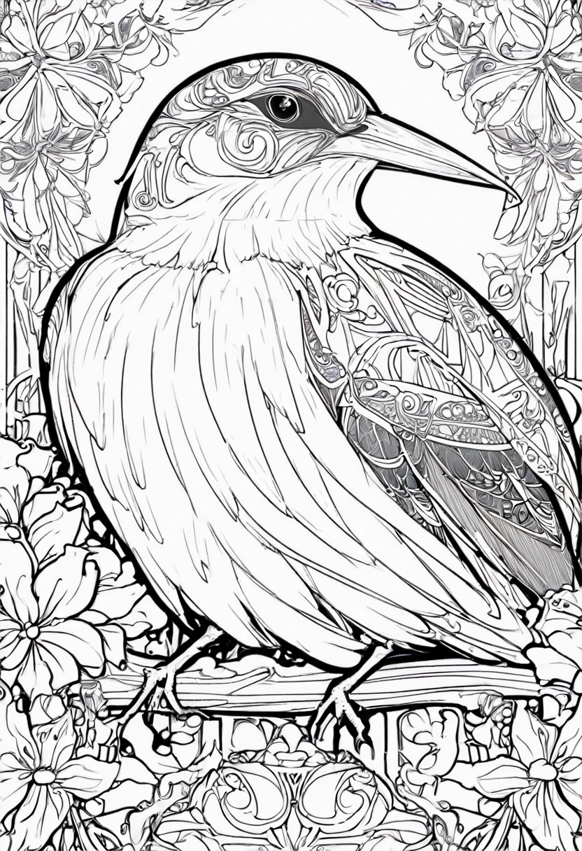 white and black bird with a white background, ploynesian, garden, art for coloring book page, full white background, only use outline, line art, clean line art, mandala for coloring with nature ornaments, simple and clean line art, adorned in Art Nouveau style, with a stroke of Alfons Mucha's brush, perfect details, real