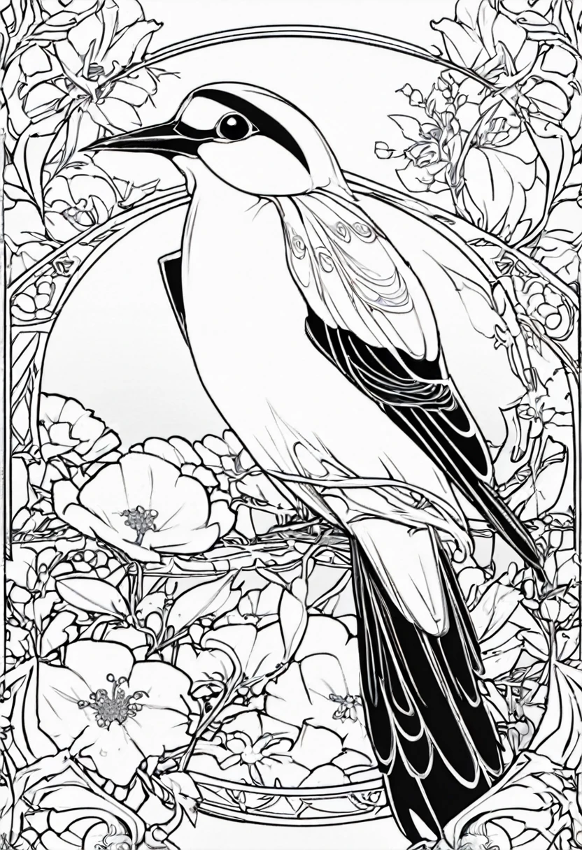 white and black bird with a white background, ploynesian, garden, art for coloring book page, full white background, only use outline, line art, clean line art, mandala for coloring with nature ornaments, simple and clean line art, adorned in Art Nouveau style, with a stroke of Alfons Mucha's brush, perfect details, real