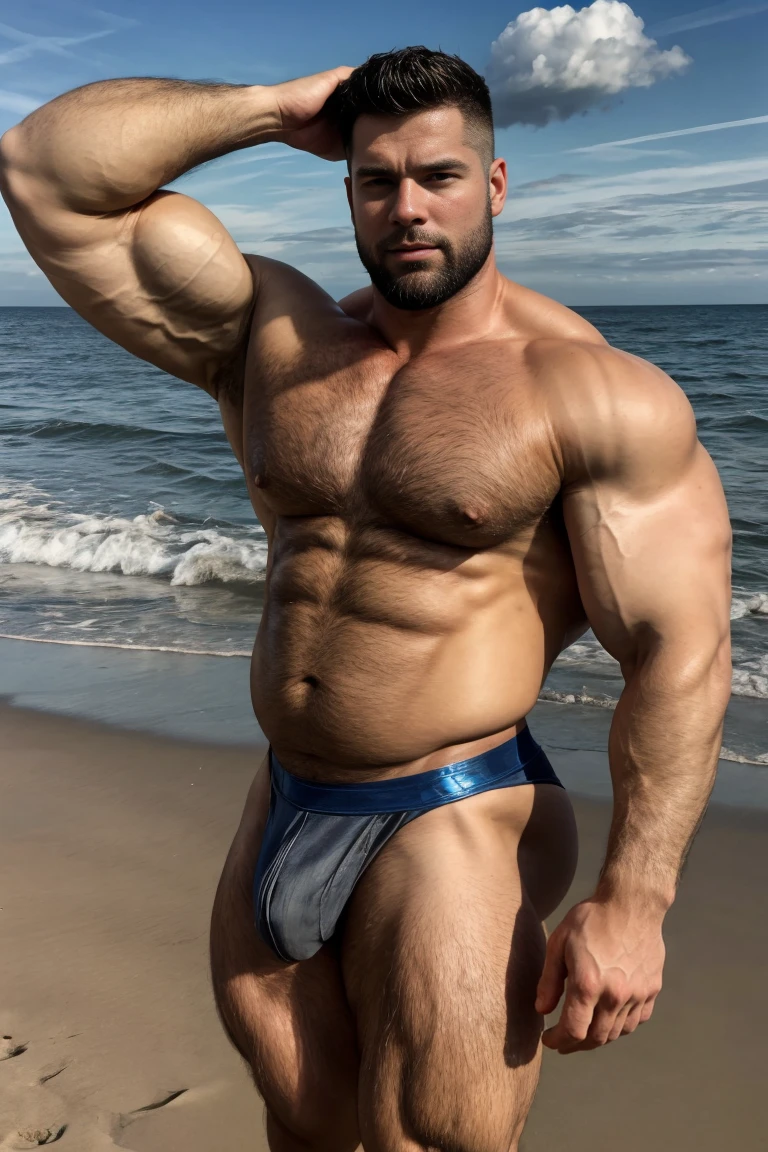Ultra wide angle,(Medium shot of two handsome guys),twin,Male love,plump breasts,swelling of chest muscles,Full chest muscles,swelling of chest muscles,Sweat,Skin is moisturized and shiny,(face slimming),small head,short hair,beard,Sexy and charming expression,gloomy eyes,blue eyes,Naughty and cool,Handsome and cool guy, (Topless), ultra thin pantyhose,Big bag highlights,(Full chest muscles),(breast muscle swelling),Chest and belly hair,Topless,Skin smooth and hydrated,fiery, Super Sexy, Behind him is the sea, standing on a sandy beach by the ocean,There are flying fish and dolphins in the water,of a Topless, member, Very sexy,Blue sky and white clouds, member, looks hot, Strong smoldering, Attractive and good looking, 30 years old, Attractive man, sexy masculine, 8k reality, Ultra-detailed photos, Bulger j8,Perfect hand details,Perfect facial details
