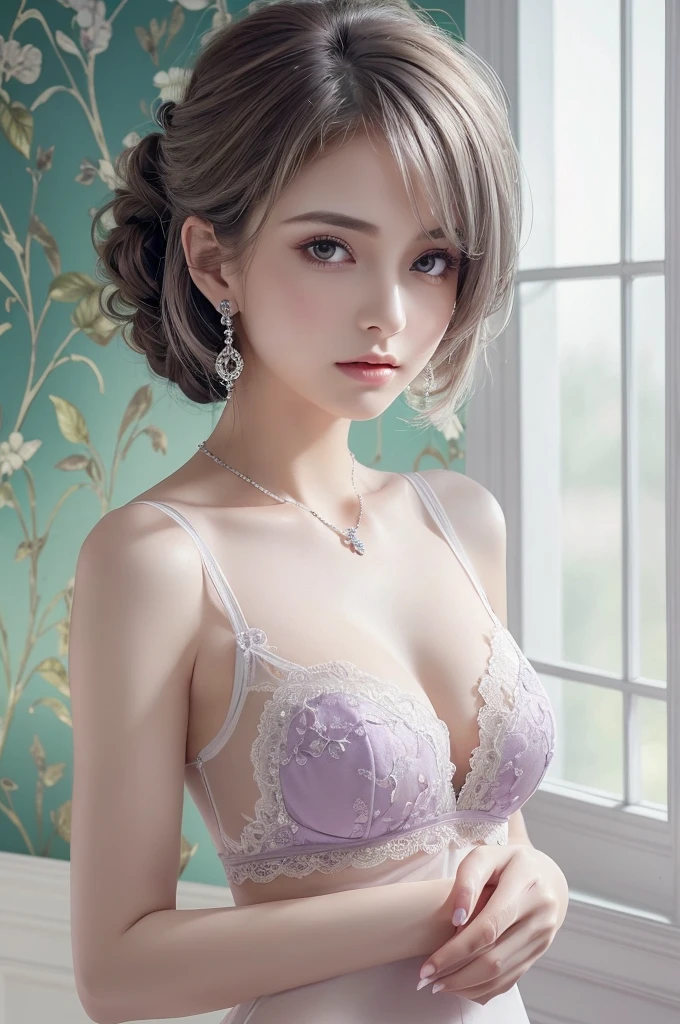 purple lace thong&Good, (((Very elegant and beautiful, Perfect detail, Super detailed))), whole body, The most detailed girl, Depth of written boundary, 美しく詳細なwhole body, Thin legs, 1 girl, 30 years old, Very short hair, Spiked Hair, Gray and silver hair, Beautiful detailed hair, Perfect Face, Expressionless, Beautifully detailed deep eyes, Open your mouth a little, Delicate arms and hands, Pale skin, Earrings, Beautiful and gorgeous necklace, Colorful background, HD background, Blurred Background, Very delicate and beautiful, Masterpiece, (((Highest quality, Very beautiful 8K CG wallpaper))), (((Trendy hairstyles))), (Inside the room,Stylish interior,window),