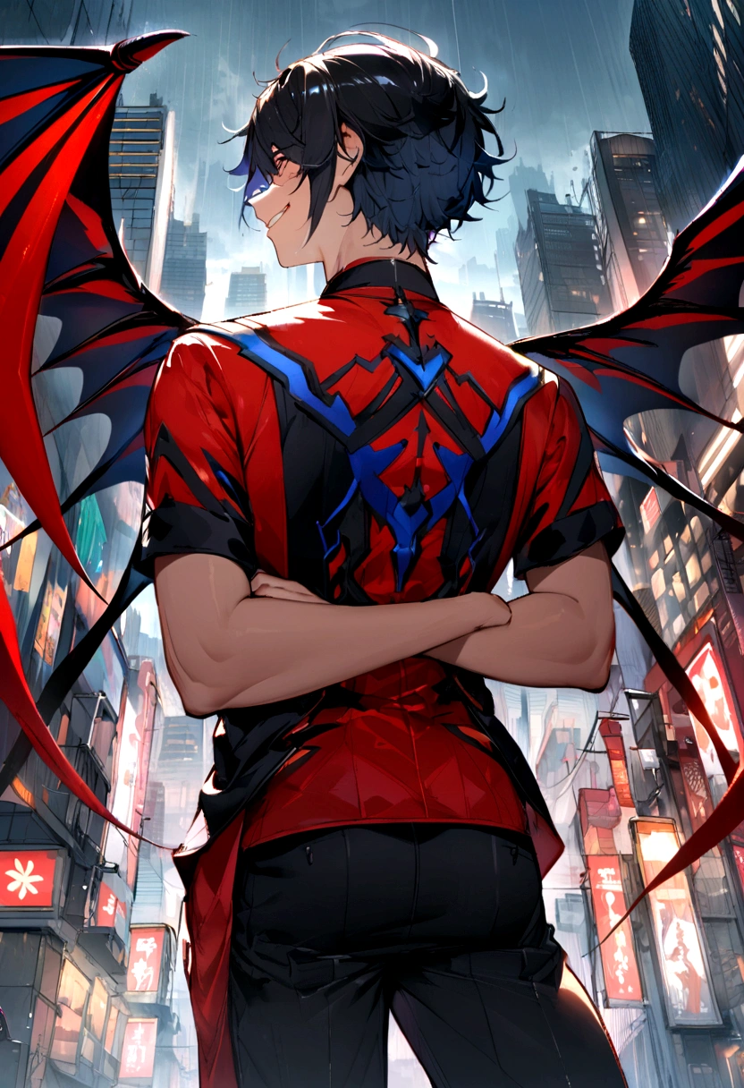 Teenage Boy, Cross your arms, Thick black hair,with blue highlights, Long bangs at the back of the hair slightly below the nape, Dark blue and brown heterochromatic eyes, Excited smile, Crimson short-sleeved shirt,With wings details, Loose black jacket,Larger back,With light blue details, Black trousers with details, Red sneakers with blue details, Lots of details, A city landscape with skyscrapers,A rainy day with lightning all around