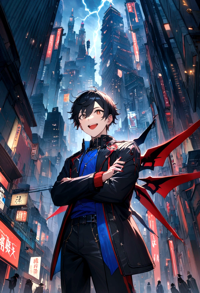 , Cross your arms, Thick black hair，with blue highlights, Long bangs at the back of the hair slightly below the nape, Dark blue and brown heterochromatic eyes, Excited smile, Crimson short-sleeved shirt，With wings details, Loose black jacket，Larger back，With light blue details, Black trousers with details, Red sneakers with blue details, Lots of details, A city landscape with skyscrapers，A rainy day with lightning all around