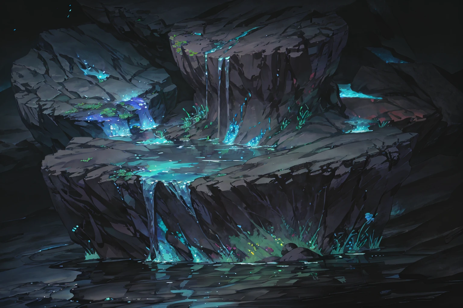 summer, blue lava rock area, blue lava rock formation, (illustration : 1.0), Narrative composition, realistic lighting, HD detail, masterpiece, best quality best, (Highly detailed CG integrated 8k wallpaper), wide and flat rocky area, A small, sharp, rough rock at the top of the screen., Blue liquid flowing through a crevice in the rock,