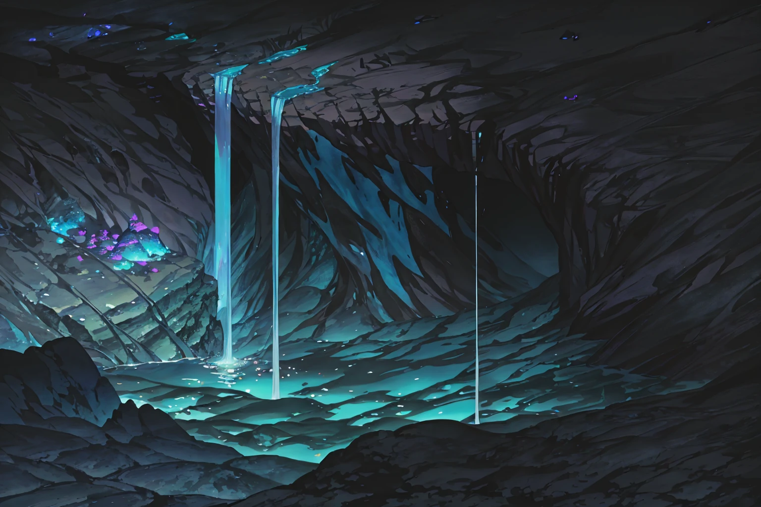 summer, blue lava rock area, blue lava rock formation, (illustration : 1.0), Narrative composition, realistic lighting, HD detail, masterpiece, best quality best, (Highly detailed CG integrated 8k wallpaper), wide and flat rocky area, A small, sharp, rough rock at the top of the screen., Blue liquid flowing through a crevice in the rock,