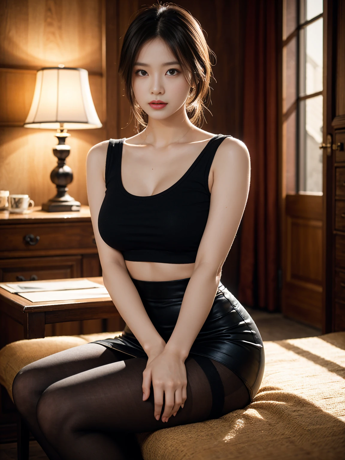 ultra Realistic 8k cg, picture-Perfect Face, Perfect facial expression,Very detailed_eye,Thick thighs,Large Breasts, Beautiful, clean, masterpiece, Professional artwork, Famous works of art, Perfect Face, Beautiful Face, beautiful eye, ((Perfect female body)), alone,(Immersive atmosphere, Chiaroscuro:1.5,Bright light:1.2,Bright lighting) ,,(blush:0.5),Fascinatingly detailed backgrounds,Depth of written boundary,Realistic:1.3, Sleeveless T-shirt,1 Girl,Cut and sew,Micro Mini Skirt, , Sitting, whole body, (ambient light:1.3),(Cinematic composition:1.3),(Neon Light:0.1),(HDR:0.1),Accent lighting,Thick black pantyhose ,Unprotected lower body、her fashion and expressions、Maintaining the perfect balance between eros and elegance、It draws the viewer in and doesn't let go.。Through this scene、Express her charm to the fullest。design: New Jeans danielle