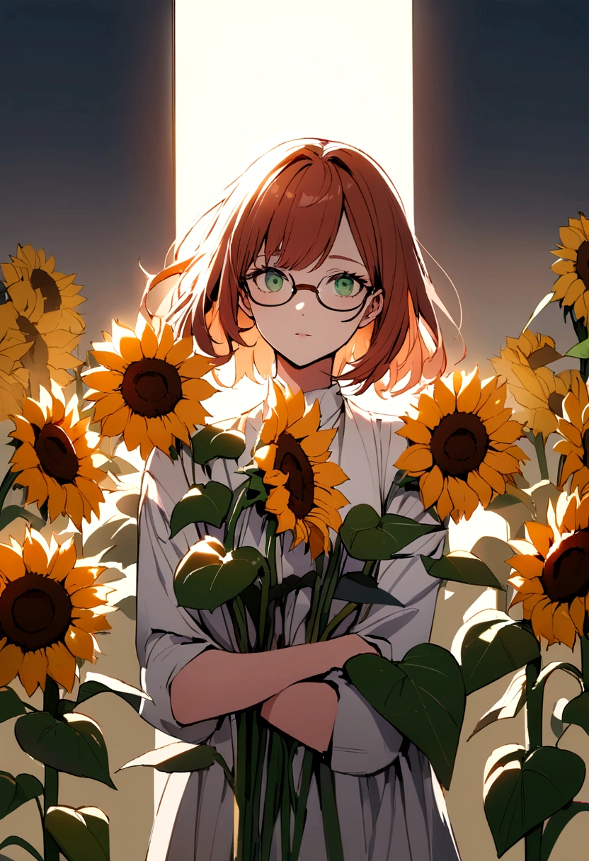 a young woman alone, with loose copper-colored hair, green eyes and glasses ,holding some sunflowers 