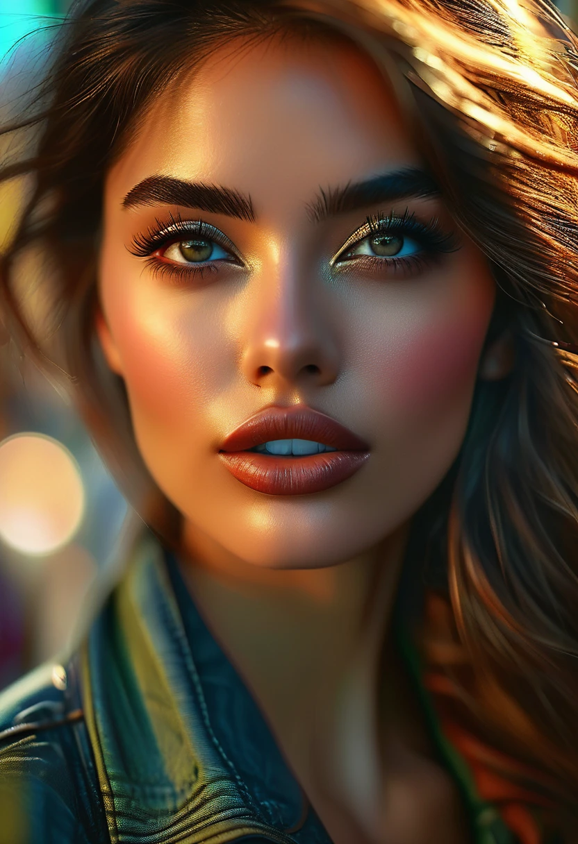 a young woman standing on the street, blurred background, beautiful detailed eyes, beautiful detailed lips, extremely detailed face, long eyelashes, photorealistic, 8k, high quality, intricate details, cinematic lighting, natural skin tones, detailed clothing, realistic textures, vibrant colors, dynamic composition, atmospheric setting