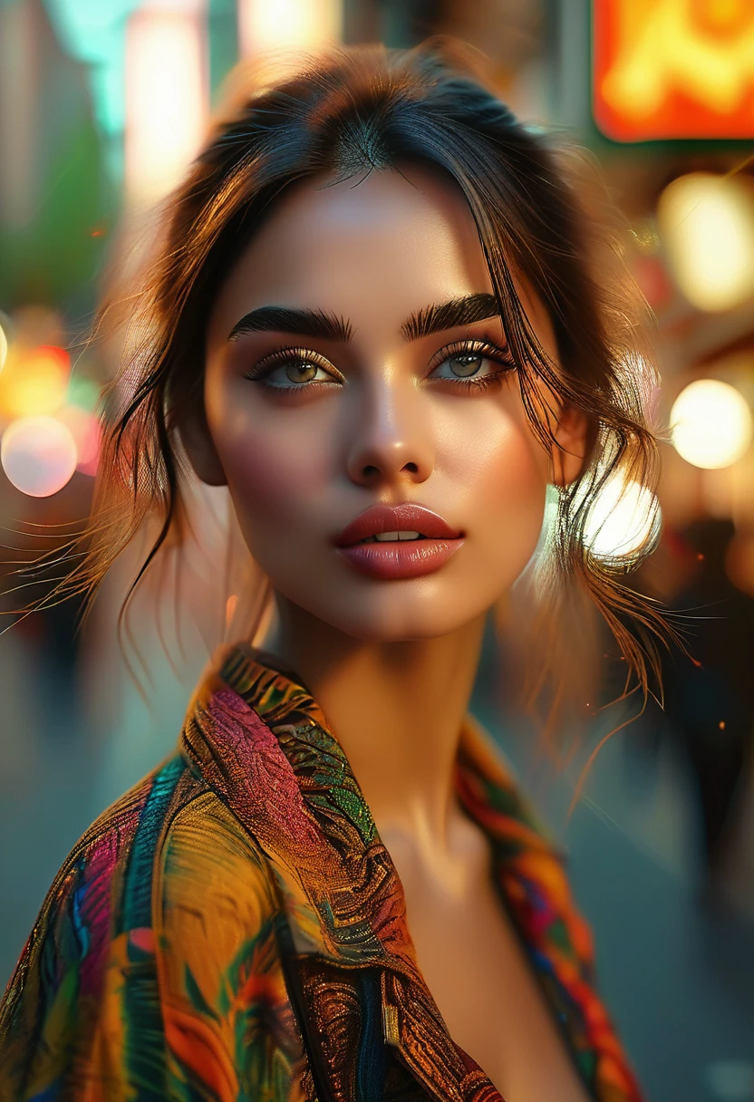 a young woman standing on the street, blurred background, beautiful detailed eyes, beautiful detailed lips, extremely detailed face, long eyelashes, photorealistic, 8k, high quality, intricate details, cinematic lighting, natural skin tones, detailed clothing, realistic textures, vibrant colors, dynamic composition, atmospheric setting