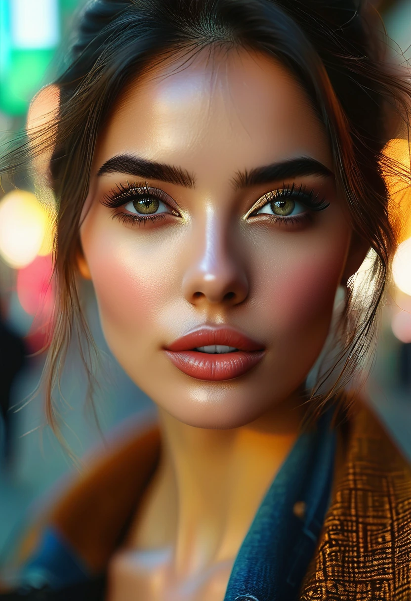a young woman standing on the street, blurred background, beautiful detailed eyes, beautiful detailed lips, extremely detailed face, long eyelashes, photorealistic, 8k, high quality, intricate details, cinematic lighting, natural skin tones, detailed clothing, realistic textures, vibrant colors, dynamic composition, atmospheric setting