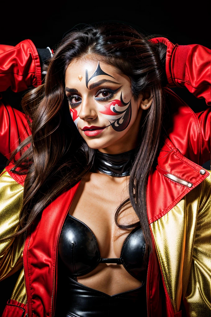 beautiful woman n1n4d She has long, brown hair and brown eyes woman in a red jacket holding a mask with a face painted on the side, promotional photo, press shot, promotional picture, promo photo, sara ali, promo image, promotional image, publicity photo, promotional images, Siona Shimshi, face on head shot, Dali, promotional still, promo shot, promotional portrait, the mask covers her entire face, promo shoot, portrait of circus artist, Dalí, press photo