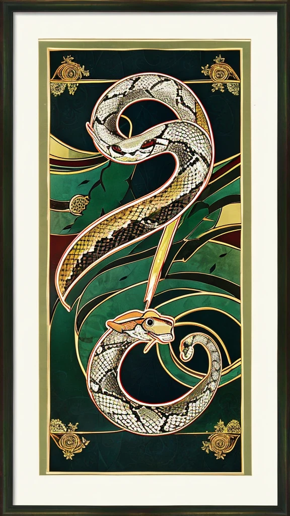 In the foreground, a snake wraps around a patterned magic wand. The image is made in high quality and framed by a vignette of intertwined trees in the shape of a heart. 
In the center is the letter "N" on the coat of arms. The image is made in graphic form.