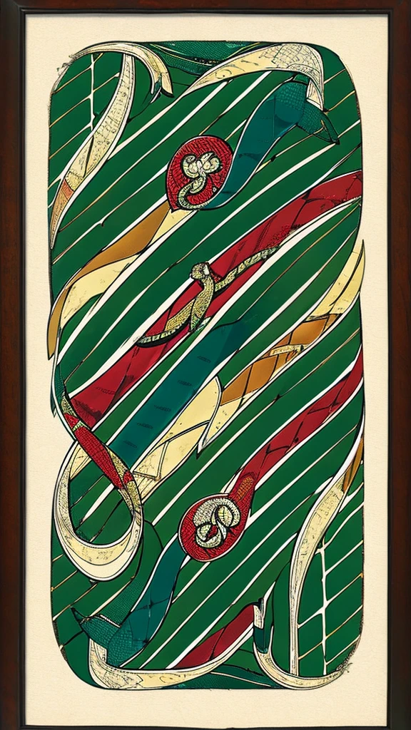 In the foreground, a snake wraps around a patterned magic wand. The image is made in high quality and framed by a vignette of intertwined trees in the shape of a heart.
In the center is the letter "N" on the coat of arms. The image is made in graphic form.
