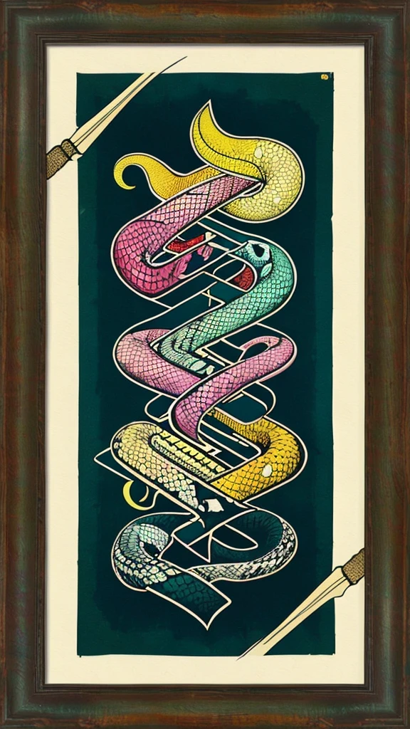 In the foreground, a snake wraps around a patterned magic wand. The image is made in high quality and framed by a vignette of intertwined trees in the shape of a heart.
In the center is the letter "N" on the coat of arms. The image is made in graphic form.