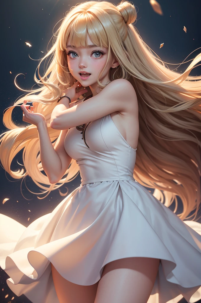 Perfect human body modeling, 1girl, pretty face, blunt bangs, Long hair, drill hair, twin drills, blonde hair, shiny hair, glow eyes, jitome, brown eyes, tsurime, white skin, huge breasts, Short body, ight particles, light sparkles, lens flare, Light particles, Magic light, strong light, gorgeous dress, Princess Dresses, loud laughter, put one's hand over one's mouth