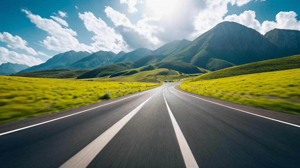 Generate an illustration of a sports car driving on a highway. The car should be either red or yellow with the front facing forward, viewed from the right side with a slightly top-down angle showing a bit of the car roof. The weather is clear with blue sky and white clouds. The style should be natural, minimalistic, sci-fi, bright, and with natural colors.