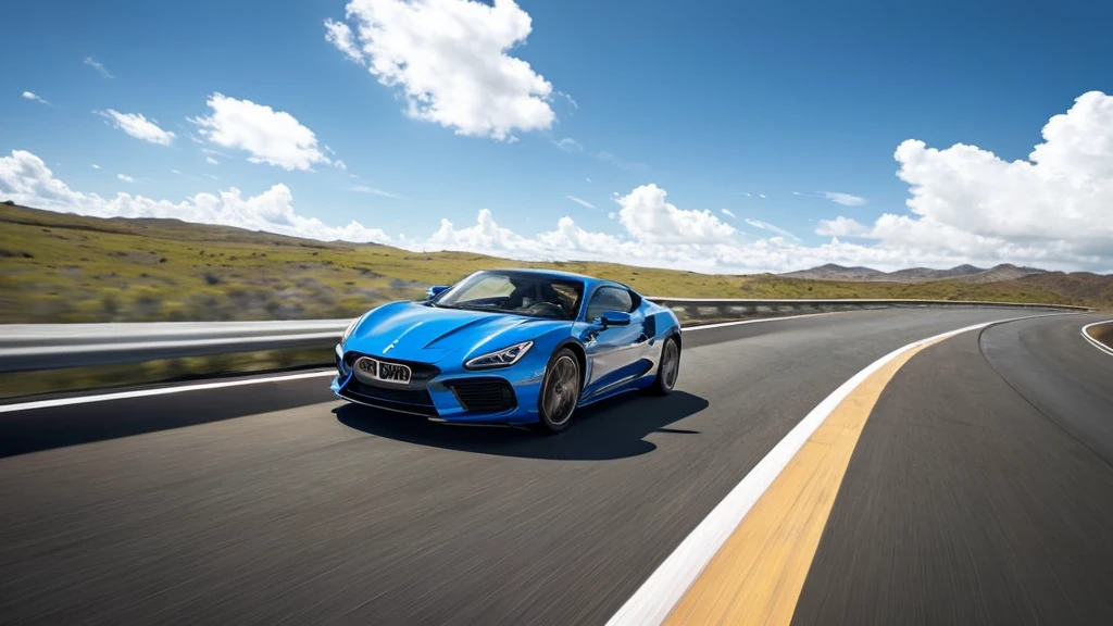 Generate an illustration of a sports car driving on a highway. The car should be either red or yellow with the front facing forward, viewed from the right side with a slightly top-down angle showing a bit of the car roof. The weather is clear with blue sky and white clouds. The style should be natural, minimalistic, sci-fi, bright, and with natural colors.
