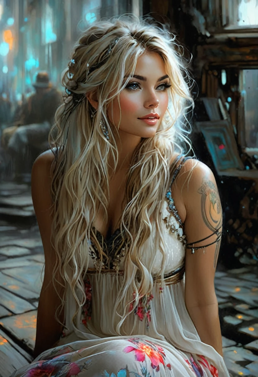 A beautiful romantic girl with long blond hair sits on a bench against the backdrop of a dirty street, turning your head to three quarters, looking away, with a beautiful tattoo on his forearm, dressed in a white sundress with a floral print on straps, made of flowing fabric,  Hyperrealistic-surreal and fantasy composition Ideal and dynamic digital painting, portrait of an incredibly beautiful smiling woman, luxurious brown hair, black light atmosphere, Jose Royo style, Boris Vallejo, Carne Griffithsa, Vadim Kashin, Harrison Fisher, Brian Froud and Jeremy Mann, Epic Setting, black light show, Stedman&#39;s various styles, Hanukkah, Klimt, Bella, Hobby, Newton, Grega Rutkowski, atmospheric, Artstation trend, artgerm, deviant art, octans, masterpiece, Intricate art, details Intricate, Movie poster with matte painting, Golden ratio, Trend of CGsociety, incredibly detailed and incredibly beautiful, high quality 