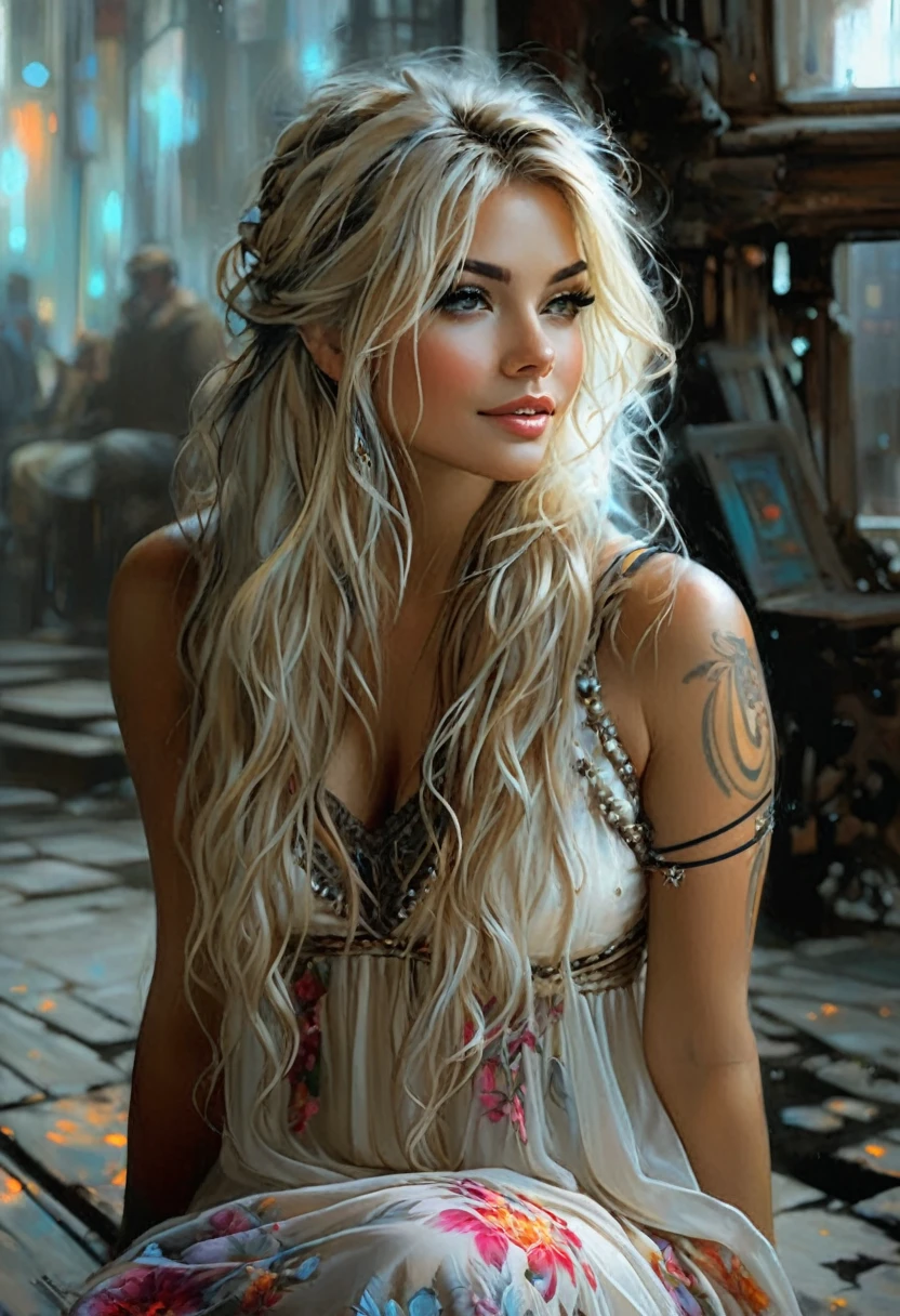 A beautiful romantic girl with long blond hair sits on a bench against the backdrop of a dirty street, turning your head to three quarters, looking away, with a beautiful tattoo on his forearm, dressed in a white sundress with a floral print on straps, made of flowing fabric,  Hyperrealistic-surreal and fantasy composition Ideal and dynamic digital painting, portrait of an incredibly beautiful smiling woman, luxurious brown hair, black light atmosphere, Jose Royo style, Boris Vallejo, Carne Griffithsa, Vadim Kashin, Harrison Fisher, Brian Froud and Jeremy Mann, Epic Setting, black light show, Stedman&#39;s various styles, Hanukkah, Klimt, Bella, Hobby, Newton, Grega Rutkowski, atmospheric, Artstation trend, artgerm, deviant art, octans, masterpiece, Intricate art, details Intricate, Movie poster with matte painting, Golden ratio, Trend of CGsociety, incredibly detailed and incredibly beautiful, high quality 