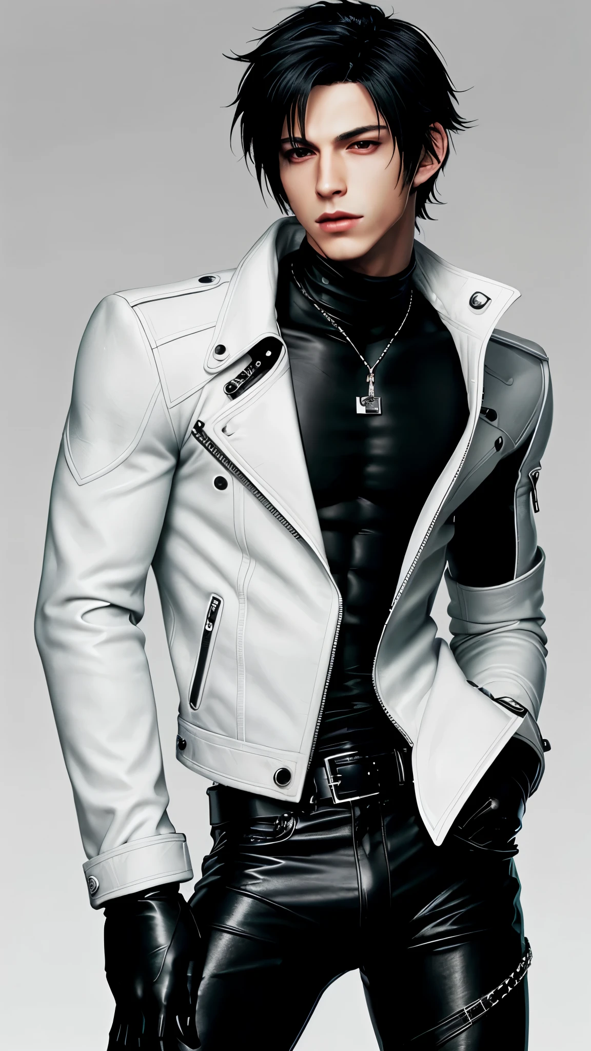 Final fantasy taste and reality graphics, Japanese young cute and cool ikemen  boy, his age is early 20s, thin eyebrows and beady eyes,  he wearing off white color leather thick singlebrest biker jacket, with epaulet,  jacket front is zipped up, jacket is biker style, , jacket collar is high length stand-up collar with belts, jacket is a little black line pattern,close the front of the jacket, also wearing black thick turtleneck lackluster shirts,  tight black leather pants, shiny black leather tight and thin glove, black leather knee-high raceup boots,must views  head-to-toe,must views whole body, boy looks like fashion model,Do not show skin from the neck down,leather jacket leather glove and leather pants have few wrinkles,boy in the room,